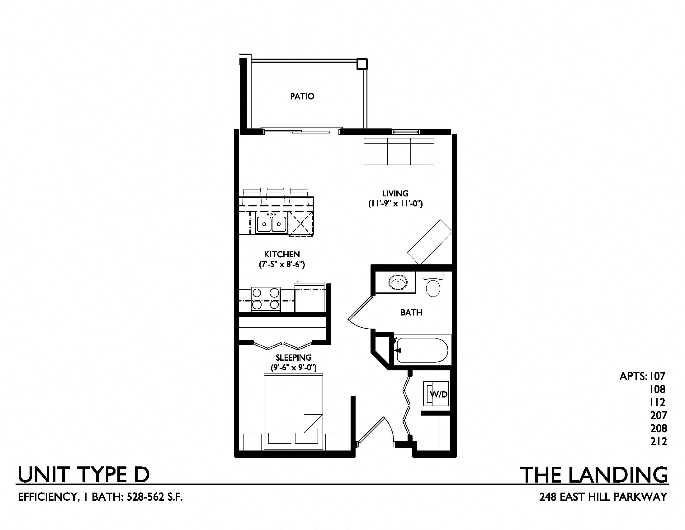 Floor plan for studio, 1 bath, 528 sqft